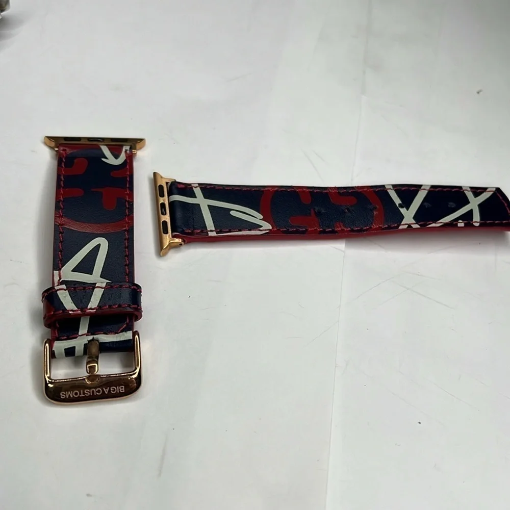 Big A Customs Logo Leather Blue Red White Apple Watch Band Rose Gold Hardware